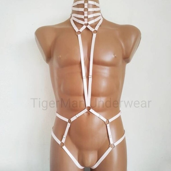 Bodysuit Harness with Choker, Open Crotch Panties and Rings white