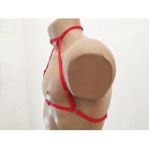 Chest Harness Open Cup Bra with Choker and Rings red