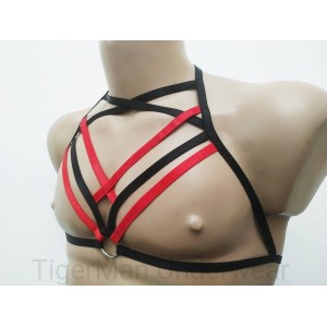 Chest Harness Open Cup Bra with Rings black with red