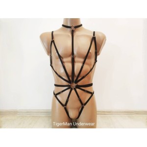Bodysuit Harness with Choker, Open Crotch Panties and Rings black