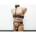 Harness Lace Lingerie set with Choker, Bra and Open Crotch Panties black