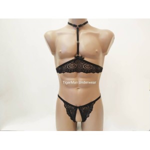 Harness Lace Lingerie set with Choker, Bra and Open Crotch Panties black