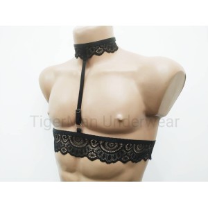 Chest Harness Lace Open Cup Bra with Choker and Rings black