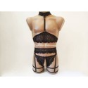 Harness Lace Lingerie set with Choker, Bra, Open Crotch Panties and Leg Garter Belt black