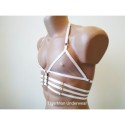 Chest Harness Chiffon Open Cup Bra with Rings and 3 lines white