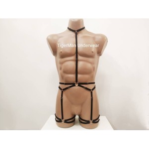 Bodysuit Harness with Choker and Leg Garter Belt black