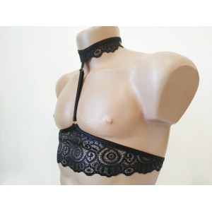 Chest Harness Lace Open Cup Bra with Choker and Rings black