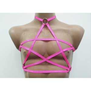 Chest Harness Open Cup Bra with Choker and Ring pink