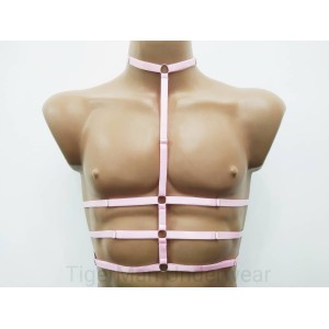 Chest Harness Open Cup Bra with Choker and Rings pink