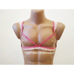 Chest Harness Lace Open Cup Bra with Rings pink with white