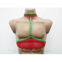 Chest Harness Lace Open Cup Bra with Choker and Rings red with green