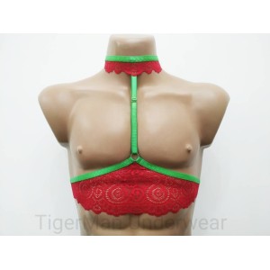 Chest Harness Lace Open Cup Bra with Choker and Rings red with green