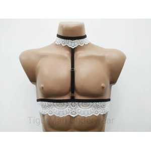 Chest Harness Lace Open Cup Bra with Choker and Rings white with black