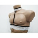 Chest Harness Lace Open Cup Bra with Choker and Rings white with black