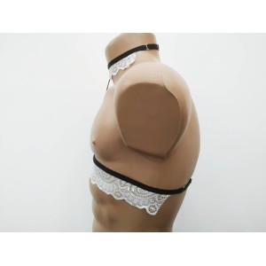 Chest Harness Lace Open Cup Bra with Choker and Rings white with black