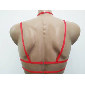 Chest Harness Open Cup Bra with Choker and Rings red