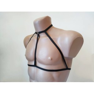 Chest Harness Open Cup Bra with Choker and Rings black