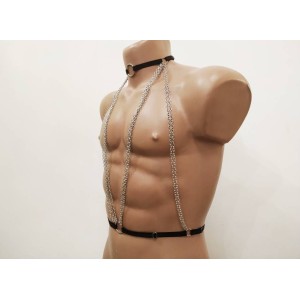 Harness Open Cup Bra with Choker, Chains and Rings black