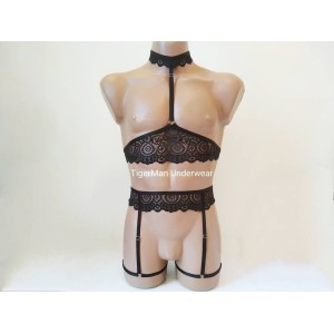 Harness Lace Lingerie set with Choker, Bra and Leg Garter Belt black