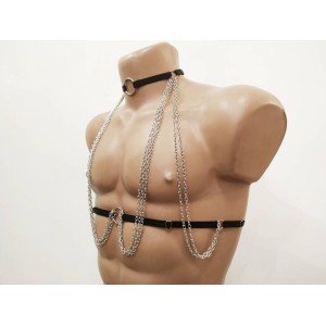 Harness Open Cup Bra with Choker, Chains and Rings black