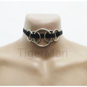 Chest Harness Open Nipples Bra with Choker and Rings black