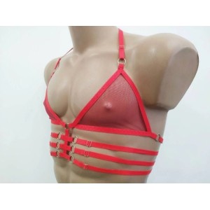 Chest Harness Chiffon Open Cup Bra with Rings and 3 lines red