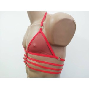 Chest Harness Chiffon Open Cup Bra with Rings and 3 lines red