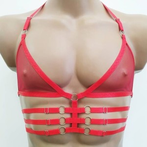 Chest Harness Chiffon Open Cup Bra with Rings and 3 lines red