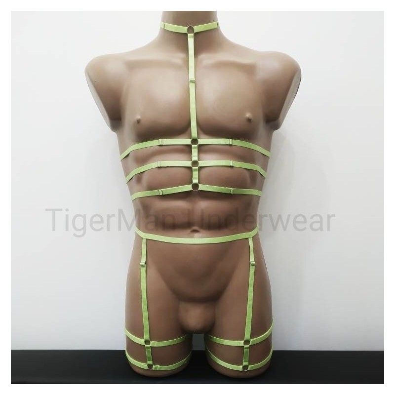 Harness Lingerie set with Choker, Open Cup Bra and Leg Garter Belt green