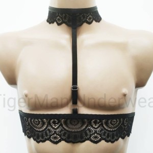 Chest Harness Lace Open Cup Bra with Choker and Rings black