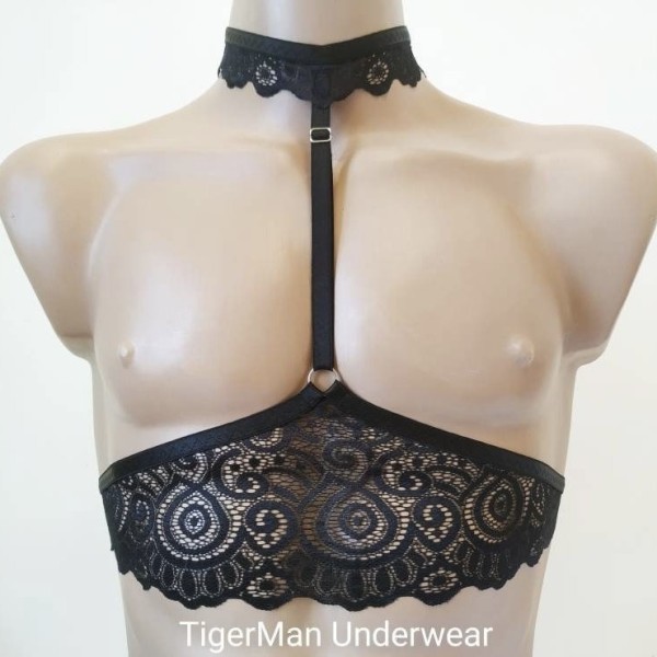 Chest Harness Lace Open Cup Bra with Choker and Rings black