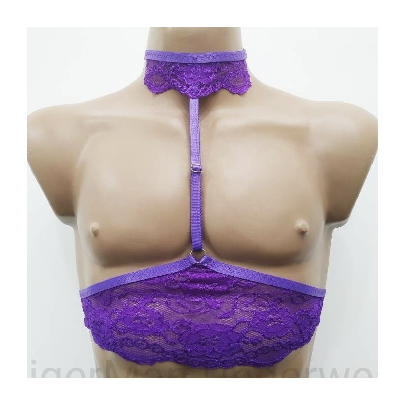 Chest Harness Lace Open Cup Bra with Choker and Rings purple