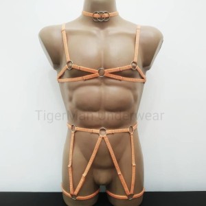 Harness Lingerie set with Choker, Open Cup Bra and Leg Garter Belt orange