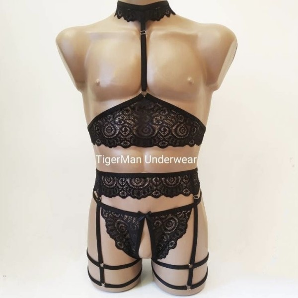 Harness Lace Lingerie set with Choker, Bra, Open Crotch Panties and Leg Garter Belt black