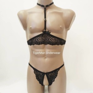 Harness Lace Lingerie set with Choker, Bra and Open Crotch Panties black