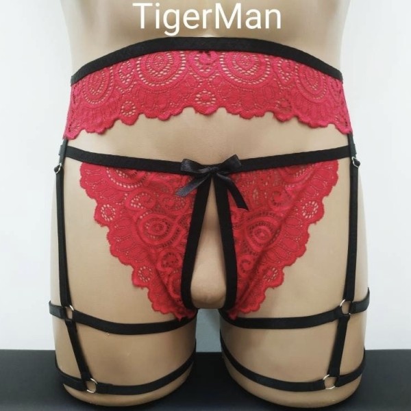 Harness Lace Crotchless Panties with Leg Garte Belt red with black