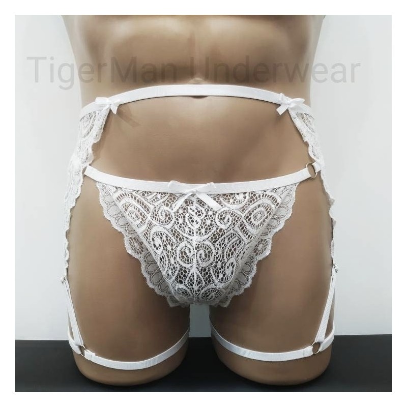 Harness Lace Crotchless Panties with Leg Garter Belt white
