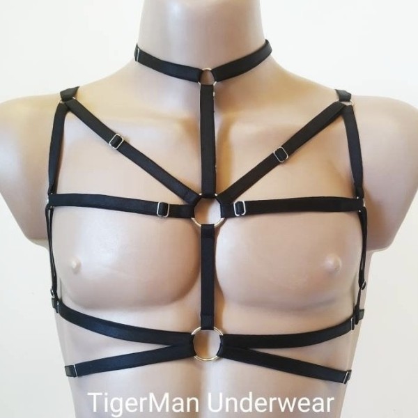 Chest Harness Open Cup Bra with Choker and Rings black