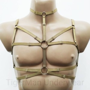 Chest Harness Open Cup Bra with Choker and Rings bronze