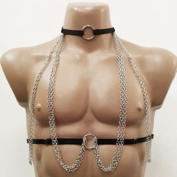 Harness Open Cup Bra with Choker, Chains and Rings black