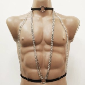 Harness Open Cup Bra with Choker, Chains and Rings black