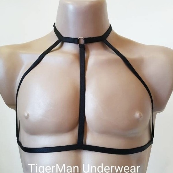 Chest Harness Open Cup Bra with Choker and Rings black