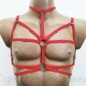 Chest Harness Open Cup Bra with Choker and Rings red