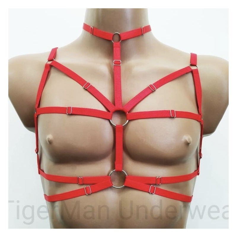 Chest Harness Open Cup Bra with Choker and Rings red