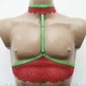 Chest Harness Lace Open Cup Bra with Choker and Rings red with green