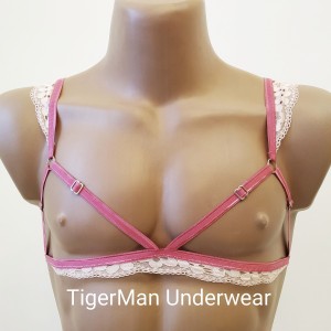 Chest Harness Lace Open Cup Bra with Rings pink with white