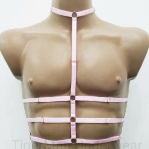 Chest Harness Open Cup Bra with Choker and Rings pink