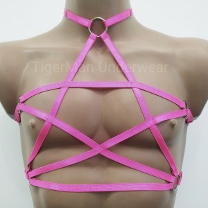 Chest Harness Open Cup Bra with Choker and Ring pink