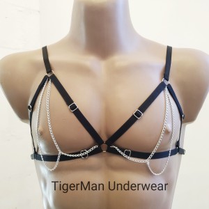 Chest Harness Open Cup Bra with Chains and Rings black