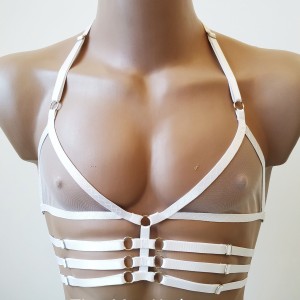 Chest Harness Chiffon Open Cup Bra with Rings and 3 lines white